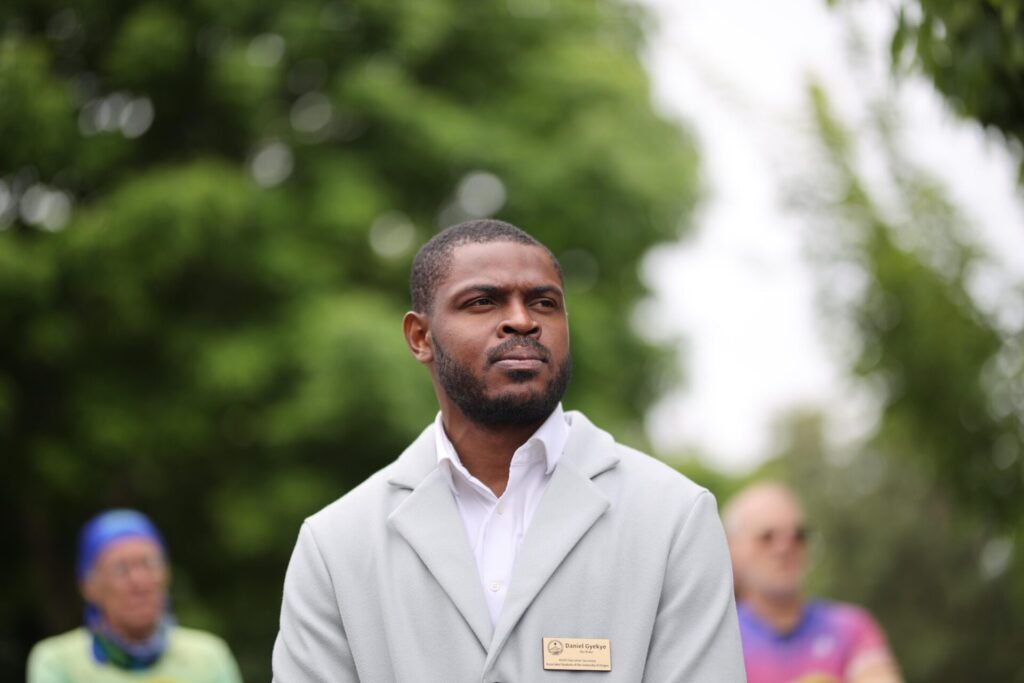 Daniel Appiah Gyekye at a community press conference in Eugene, Oregon