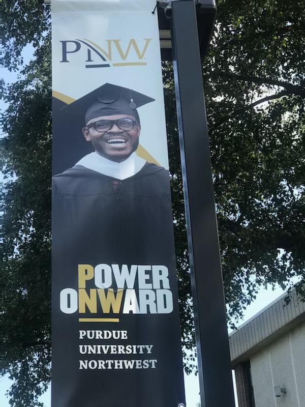 Purdue University Northwest campus banner featuring Daniel Appiah Gyekye
