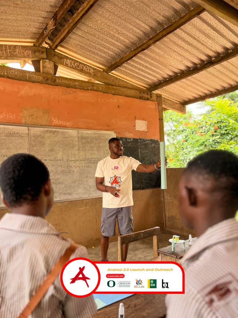 Daniel Appiah Gyekye teaching STEAM concepts in a rural classroom in Krutiase, Ghana